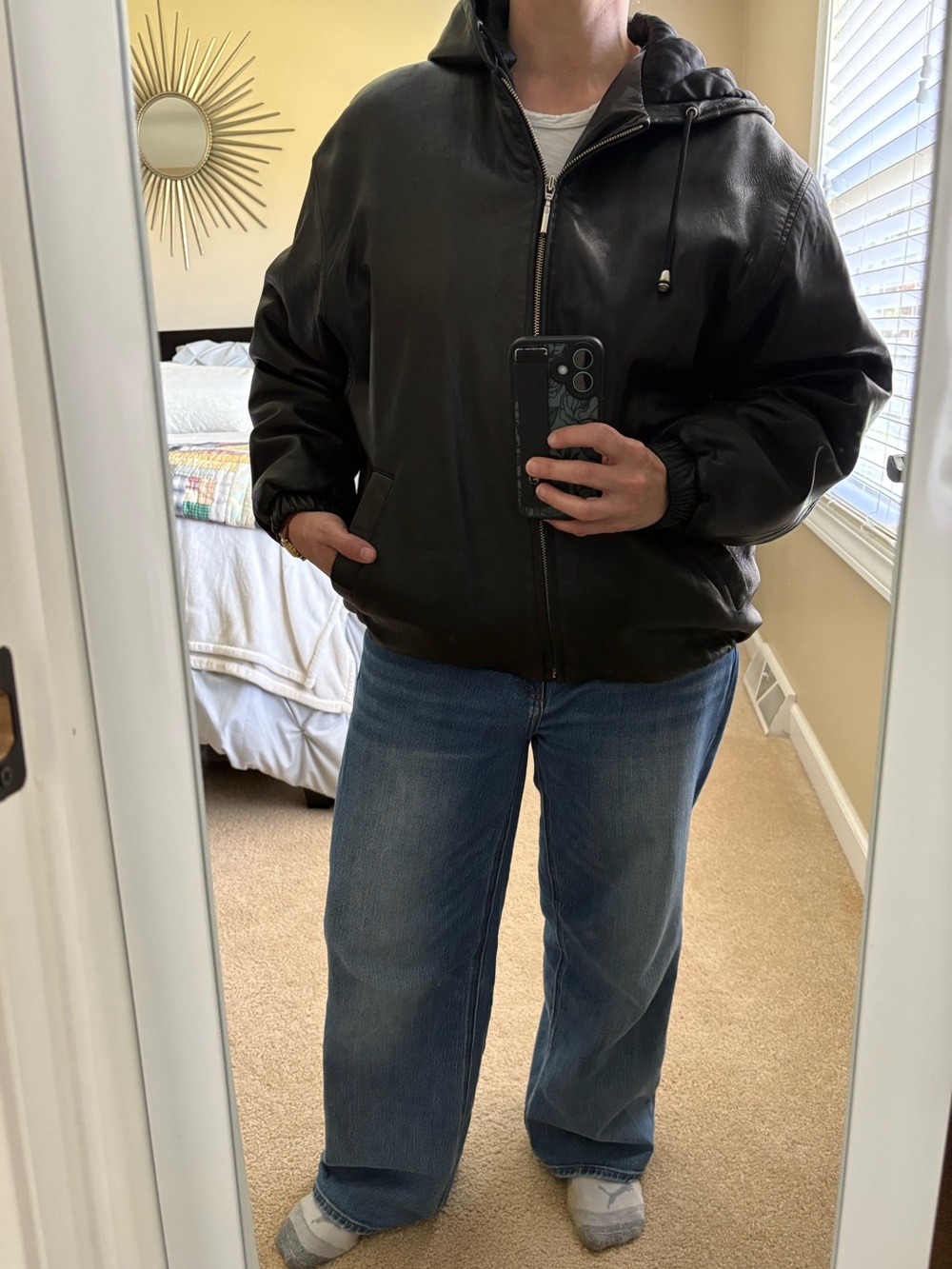 Vintage IZZI Black Leather Hooded Zip Bomber Jacket